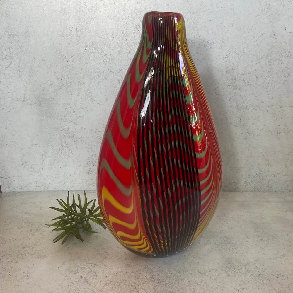 Large Art Glass Vase Red Yellow Swirl Murano Style 13” Statement Decor Heavy